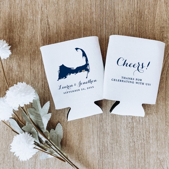 Navy Blue Harwich Port Cape Cod Gold Heart Wedding Can Cooler (Creator Uploaded)