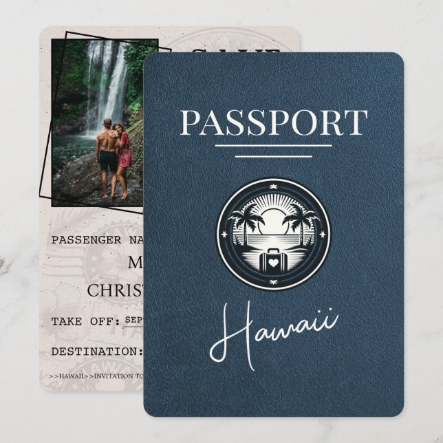 Navy Blue Hawaii Passport Save The Date (Front/Back)