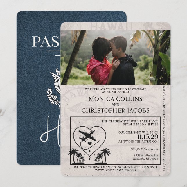 Navy Blue Hawaii Passport Wedding Invitation (Front/Back)