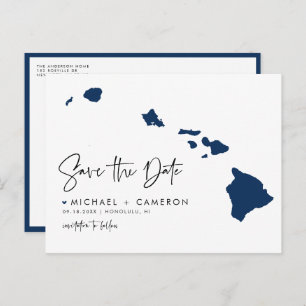 Navy Blue Hawaii State Map QR Code Save the Date Announcement Postcard