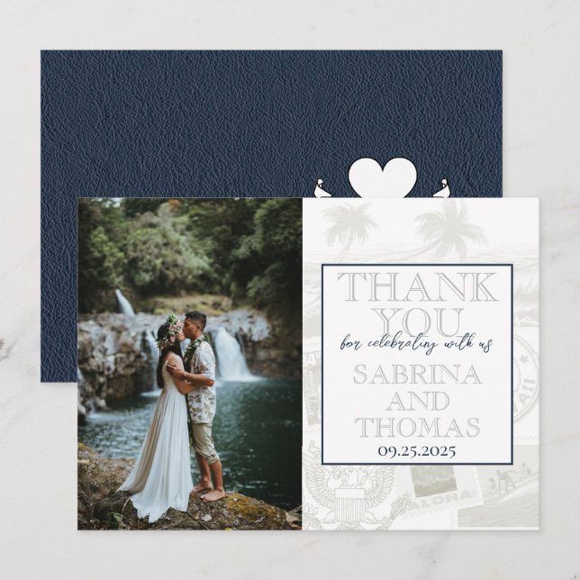 Navy Blue Hawaii Wedding Photo Thank You (Front/Back)