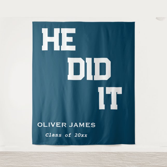 Navy blue he did it graduation party backdrop tapestry (Front)