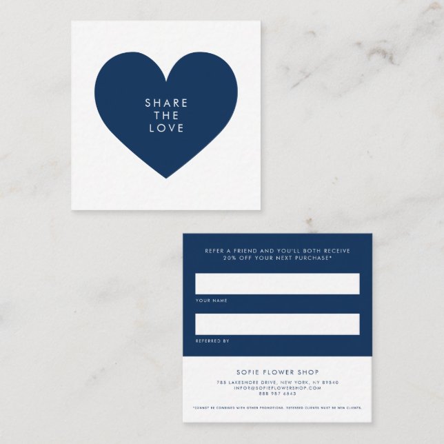 Navy Blue Heart Minimalist Share the Love Business Referral Card (Front/Back)
