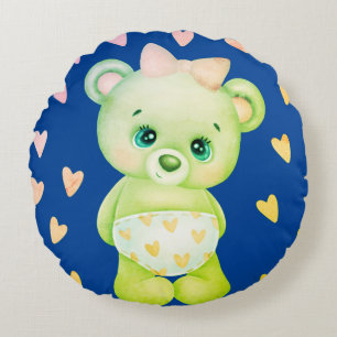 Navy Blue Heart Print Teddy Bear Throw Pillow