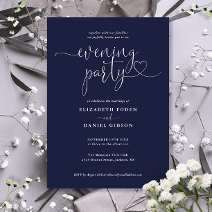 Navy Blue Heart Script Wedding Evening Party Invitation