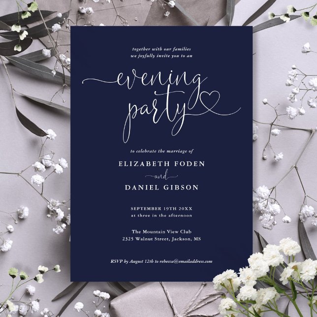 Navy Blue Heart Script Wedding Evening Party Invitation (Navy Blue Heart Script Wedding Evening Party Invitation)