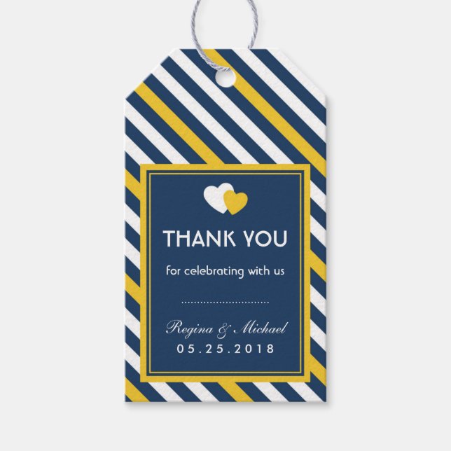 Navy Blue Heart Stripes Pattern Wedding Gift Tag (Front)
