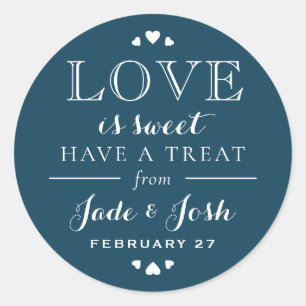 Navy Blue Hearts Love is Sweet Wedding Favour Classic Round Sticker