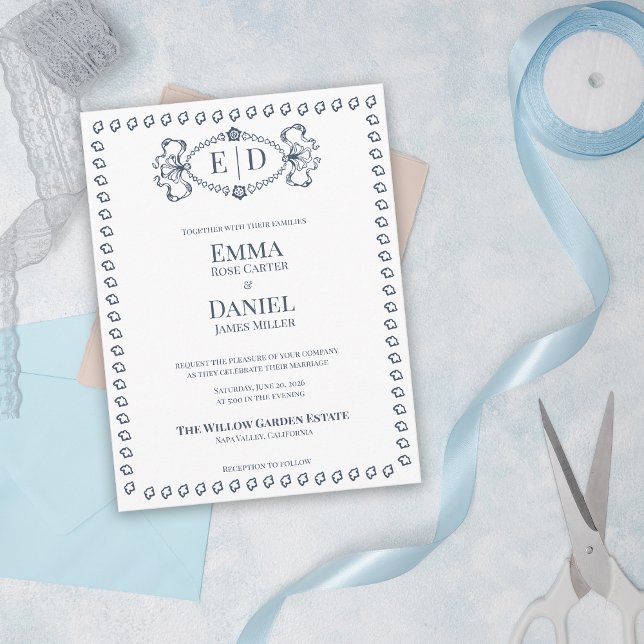 Navy Blue Heirloom Crest Monogram Formal Wedding Invitation Postcard (Navy Blue Heirloom Crest Wedding Invitation | Elegant Monogram Formal Traditional Wedding Invite)