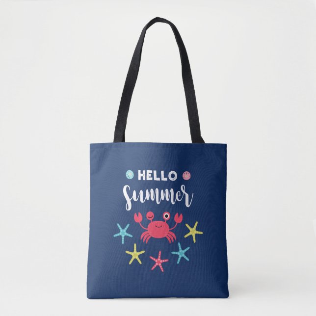 Navy Blue Hello Summer Happy Crab Tote Bag (Front)