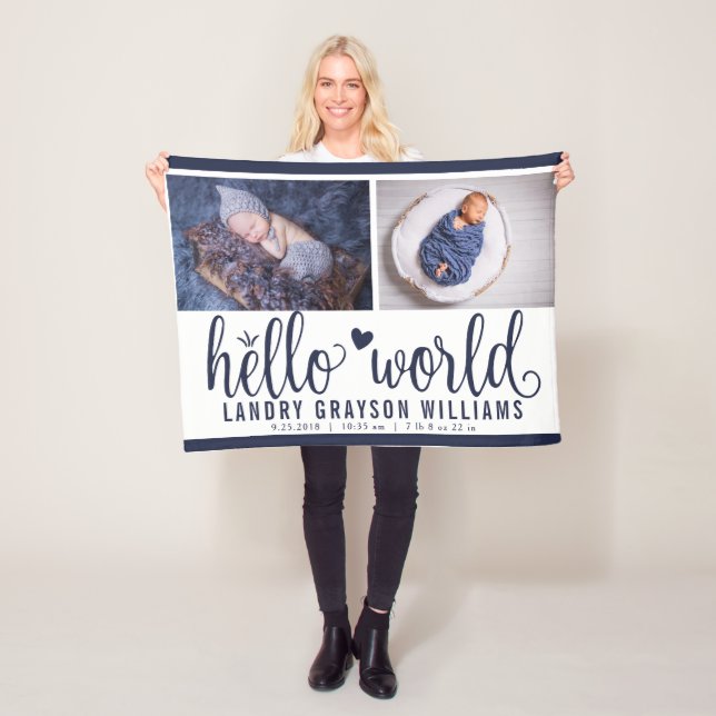 Navy Blue Hello World Monogram Baby Stat Fleece Blanket (In Situ)