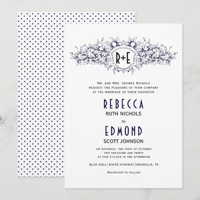 Navy blue heraldic crest with initials wedding invitation (Front/Back)