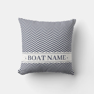 Navy Blue Herringbone Decor with Boat Name. Cushion