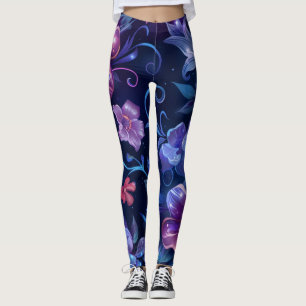 Navy Blue Hibiscus Flowered Leggings