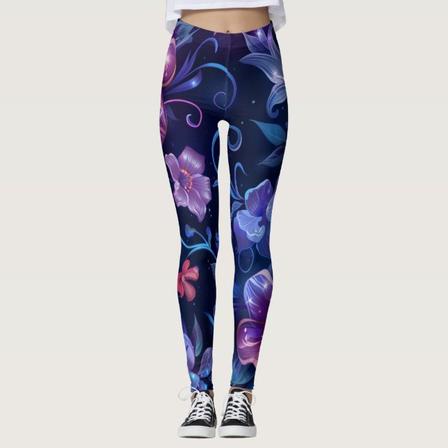 Navy Blue Hibiscus Flowered Leggings (Front)