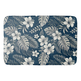Navy Blue Hibiscus Monstera Tropical Botanical Bath Mat