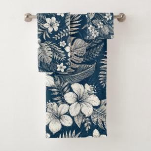Navy Blue Hibiscus Monstera Tropical Botanical Bath Towel Set