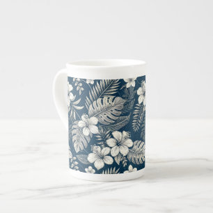 Navy Blue Hibiscus Monstera Tropical Botanical Bone China Mug