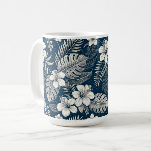 Navy Blue Hibiscus Monstera Tropical Botanical Coffee Mug
