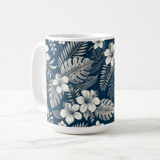 Navy Blue Hibiscus Monstera Tropical Botanical Coffee Mug (Front Left)
