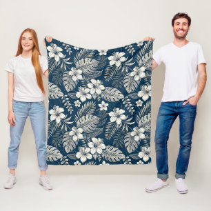 Navy Blue Hibiscus Monstera Tropical Botanical Fleece Blanket
