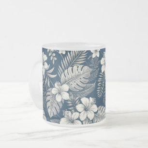 Navy Blue Hibiscus Monstera Tropical Botanical Frosted Glass Coffee Mug