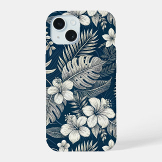 Navy Blue Hibiscus Monstera Tropical Botanical iPhone 15 Case