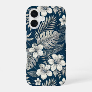 Navy Blue Hibiscus Monstera Tropical Botanical iPhone 16 Case