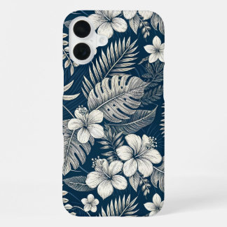 Navy Blue Hibiscus Monstera Tropical Botanical iPhone 16 Plus Case