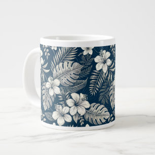 Navy Blue Hibiscus Monstera Tropical Botanical Large Coffee Mug