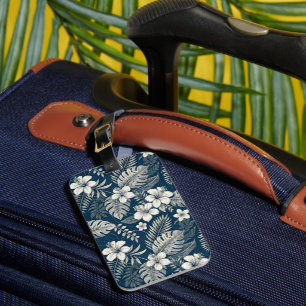 Navy Blue Hibiscus Monstera Tropical Botanical Luggage Tag