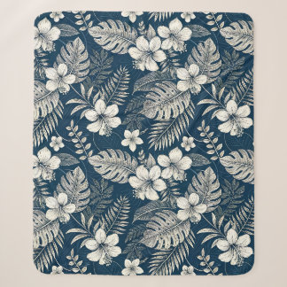 Navy Blue Hibiscus Monstera Tropical Botanical Sherpa Blanket