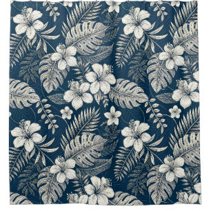 Navy Blue Hibiscus Monstera Tropical Botanical Shower Curtain