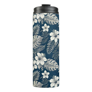 Navy Blue Hibiscus Monstera Tropical Botanical Thermal Tumbler