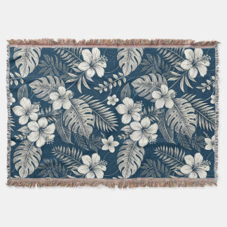 Navy Blue Hibiscus Monstera Tropical Botanical Throw Blanket