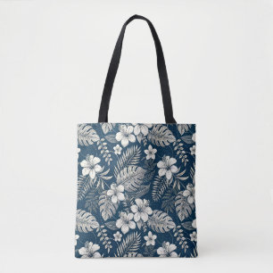Navy Blue Hibiscus Monstera Tropical Botanical Tote Bag