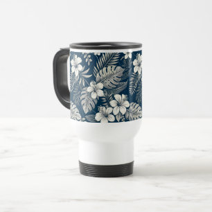 Navy Blue Hibiscus Monstera Tropical Botanical Travel Mug