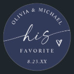 Navy Blue His Favorite Script Wedding Treat Bag Classic Round Sticker<br><div class="desc">Add a sophisticated touch with these navy blue “His Favorite” stickers featuring modern white script and a heart accent. Perfect for formal,  coastal,  or classic weddings,  these elegant labels pair beautifully with the “Her Favorite” design for coordinating his and hers treat bags.</div>