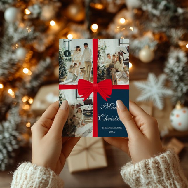Navy Blue Holiday Photo Card with Red Bow Accent (Creator Uploaded)