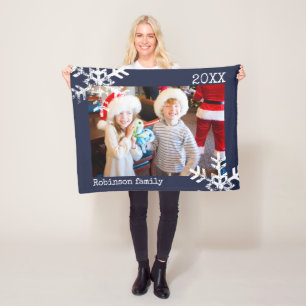 Navy Blue Holiday Photo Distressed Snowflakes Fleece Blanket