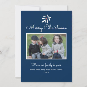 Navy Blue Holly & Berries Merry Christmas 2017 Holiday Card