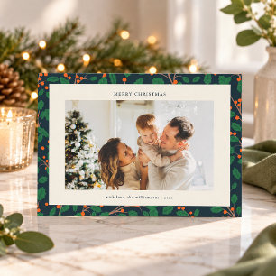 Navy Blue Holly Botanical Christmas Family Photo Holiday Card
