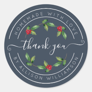 Navy Blue Holly Christmas Thank You Classic Round Sticker