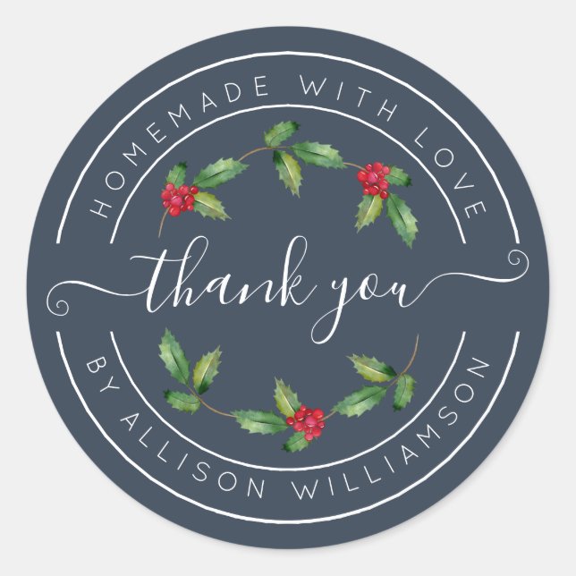 Navy Blue Holly Christmas Thank You Classic Round Sticker (Front)