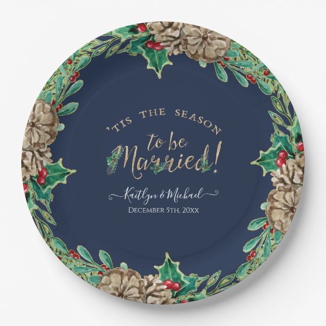 Navy Blue Holly Pine Cone Christmas Wreath Wedding Paper Plate (Front)