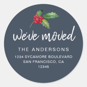 Navy Blue Holly We’ve Moved Address Classic Round Sticker