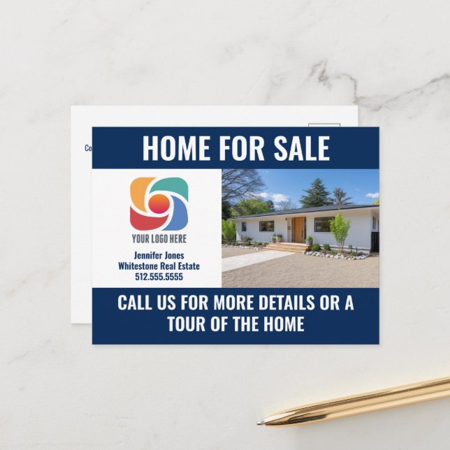 Navy Blue Home for Sale Real Estate Company Logo Postcard (Front/Back In Situ)