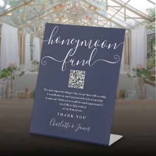 Navy Blue Honeymoon Fund QR Code Pedestal Sign
