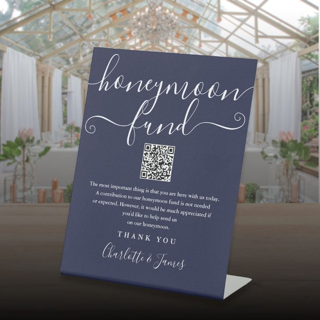 Navy Blue Honeymoon Fund QR Code Pedestal Sign (Navy Blue Honeymoon Fund QR Code Pedestal Sign)