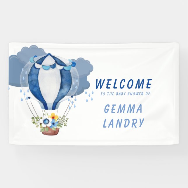 Navy Blue Hot Air Balloon Boy Baby Shower Welcome Banner (Horizontal)
